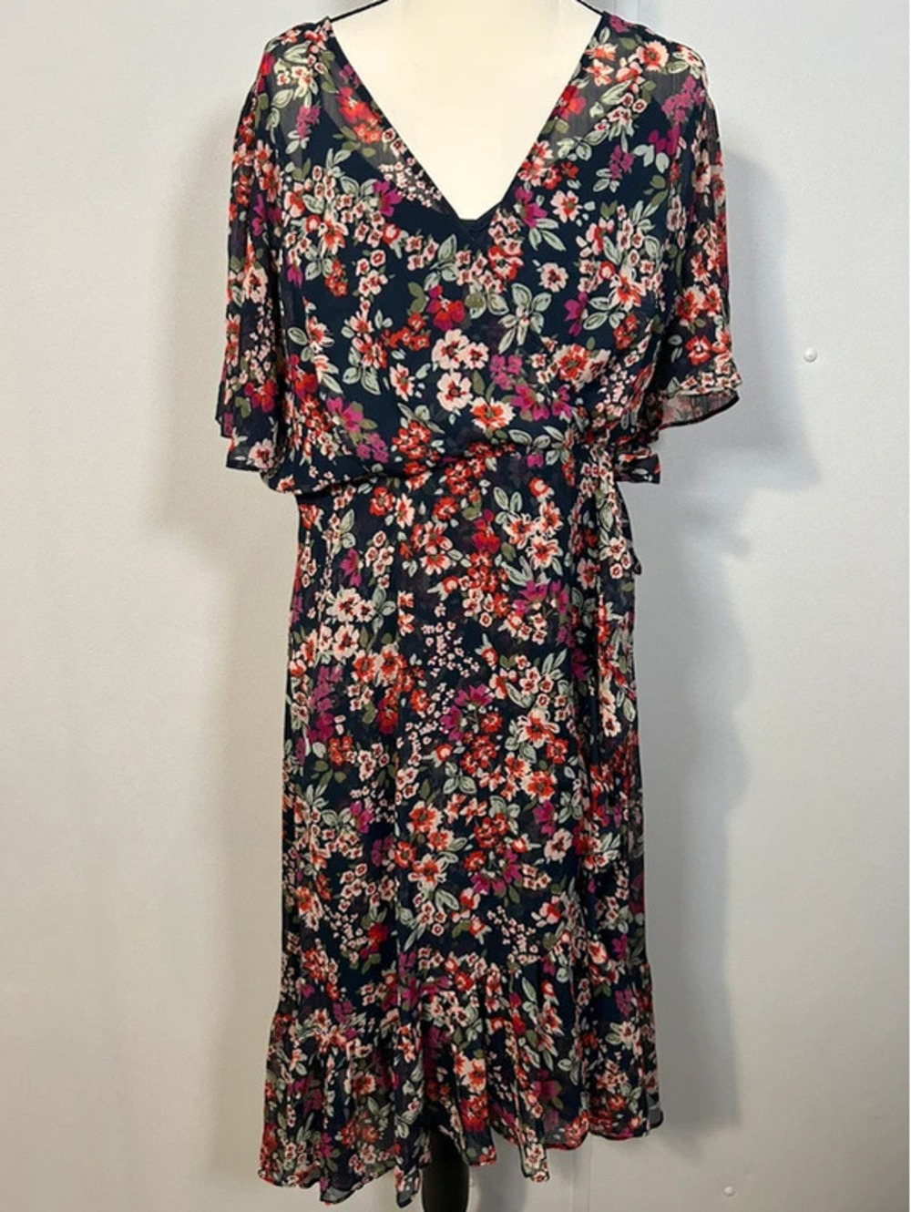 Calvin Klein Floral Wrap Midi Dress Size 12 Navy Floral Ruffle Hem